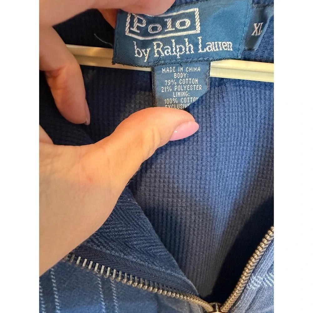 Polo Ralph Lauren Blue Plaid Waffle Lined Zip Up Hoodie Y2K XL Thermal Pony